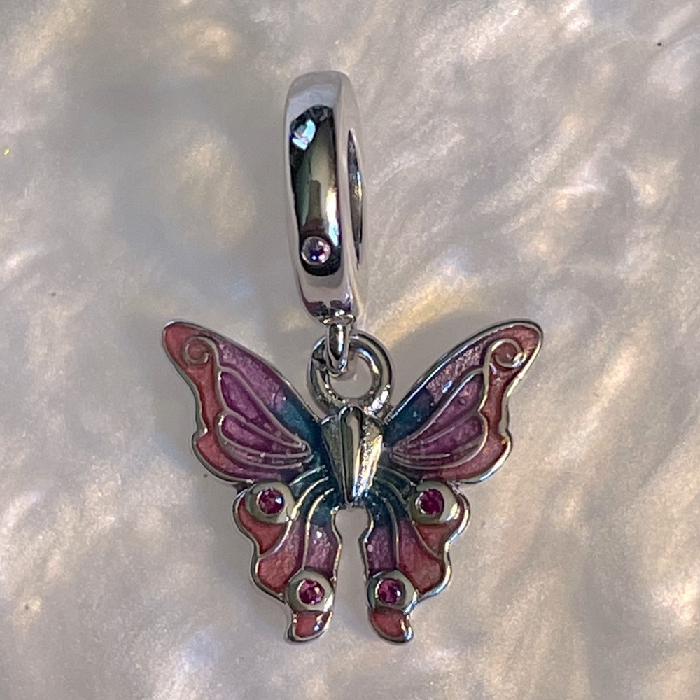 Bracelet Charm Butterfly Pink Wings Rhinestones Sterling Silver